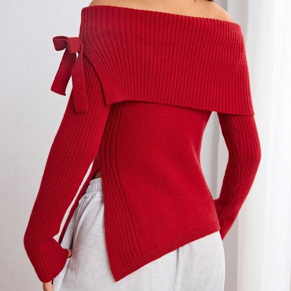 Burgundy Casual Women's Asymmetric Hem Off Shoulder Long Sleeve Sweater - Picture 2 of 6